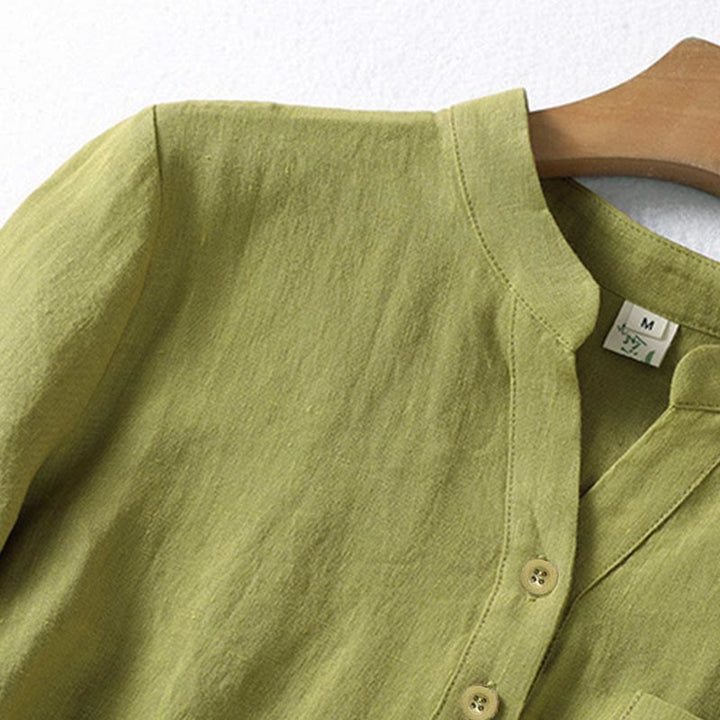 Camicia da donna a maniche lunghe con colletto rialzato e bottoni a metà, modello Buddha Stones Spring, colore cachi scuro - image 5