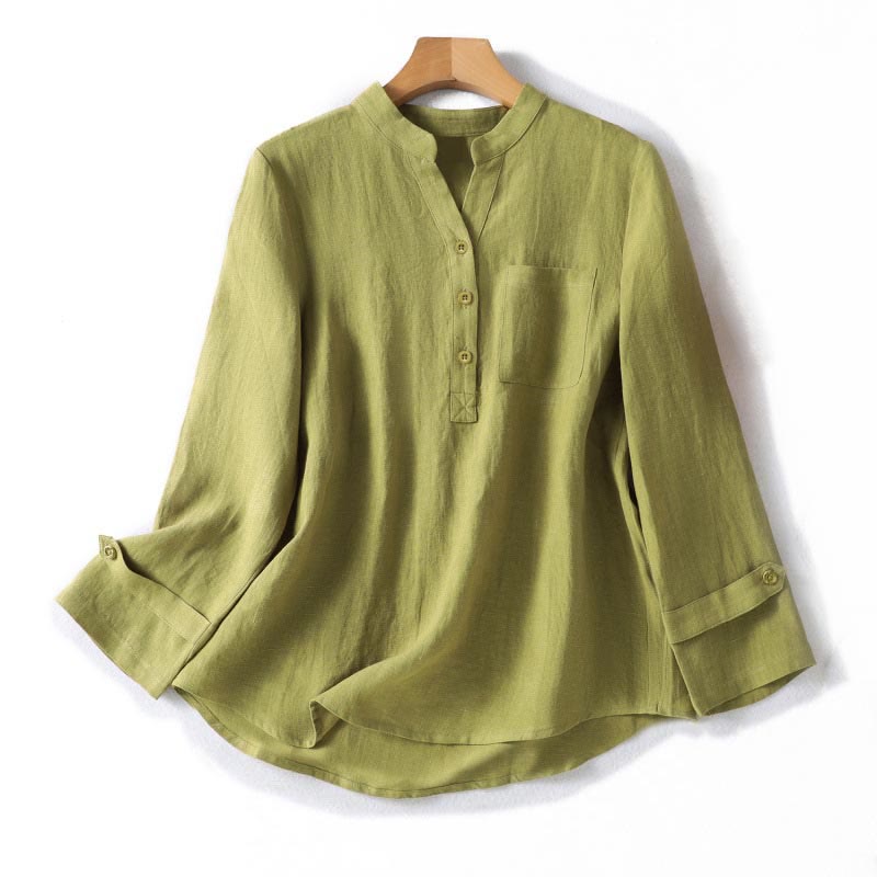 Camicia da donna a maniche lunghe con colletto rialzato e bottoni a metà, modello Buddha Stones Spring, colore cachi scuro - Cachi scuro - US8-10, UK/AU12-14, EU40-42 (2XL) - image 0