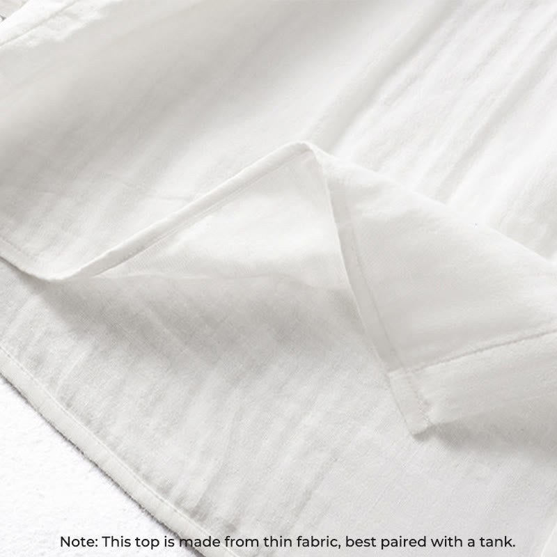 Camicia da donna in cotone a maniche lunghe con colletto arricciato bianco Buddha Stones - image 8