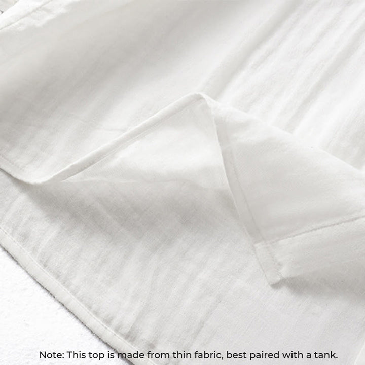 Camicia da donna in cotone a maniche lunghe con colletto arricciato bianco Buddha Stones - image 8