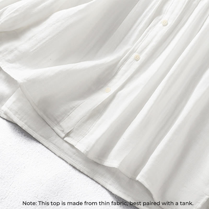 Camicia da donna in cotone a maniche lunghe con colletto arricciato bianco Buddha Stones - image 7