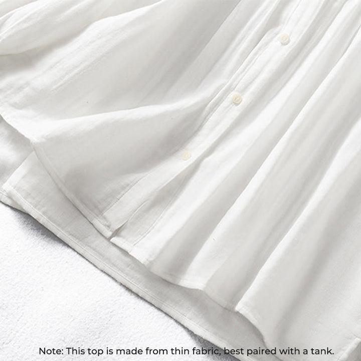 Camicia da donna in cotone a maniche lunghe con colletto arricciato bianco Buddha Stones - image 7