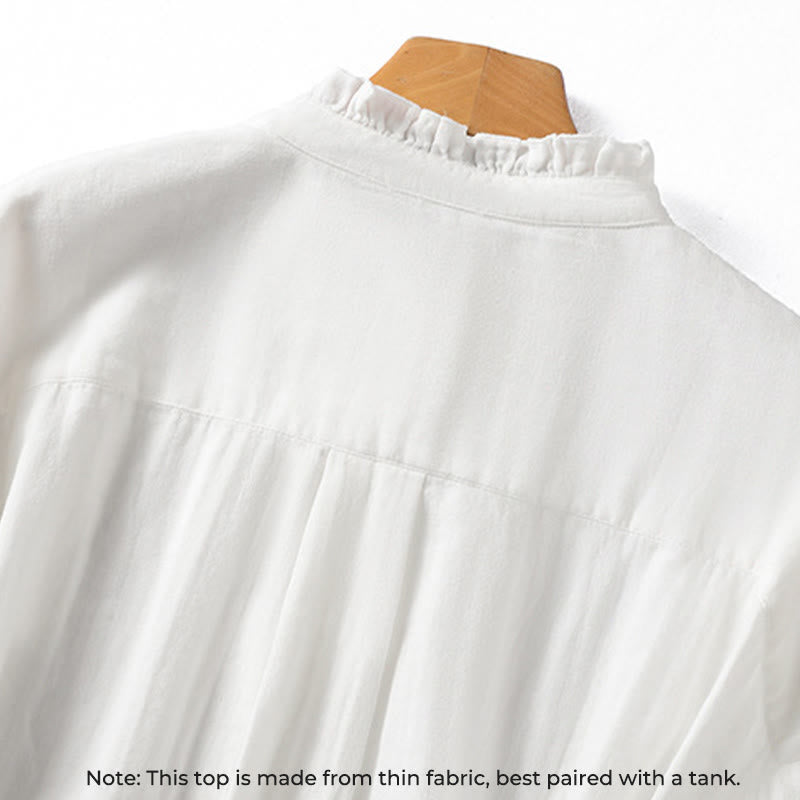 Camicia da donna in cotone a maniche lunghe con colletto arricciato bianco Buddha Stones - image 4