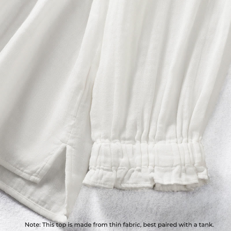 Camicia da donna in cotone a maniche lunghe con colletto arricciato bianco Buddha Stones - image 6