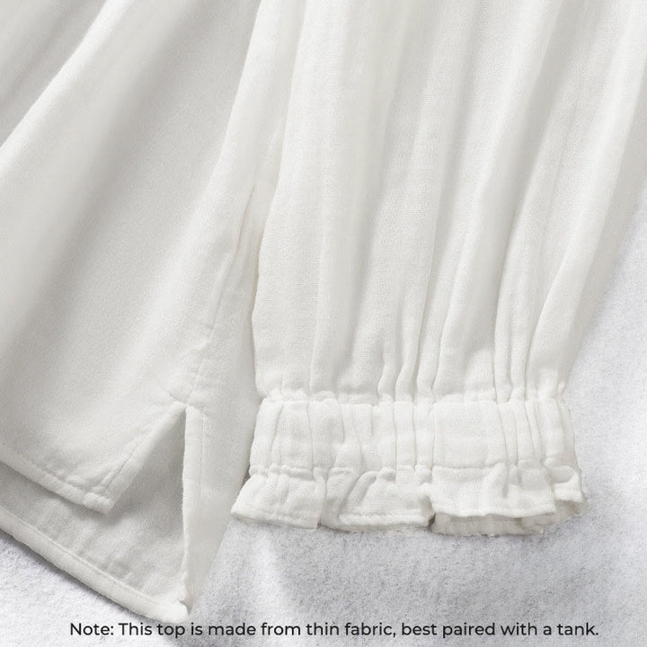 Camicia da donna in cotone a maniche lunghe con colletto arricciato bianco Buddha Stones - image 6