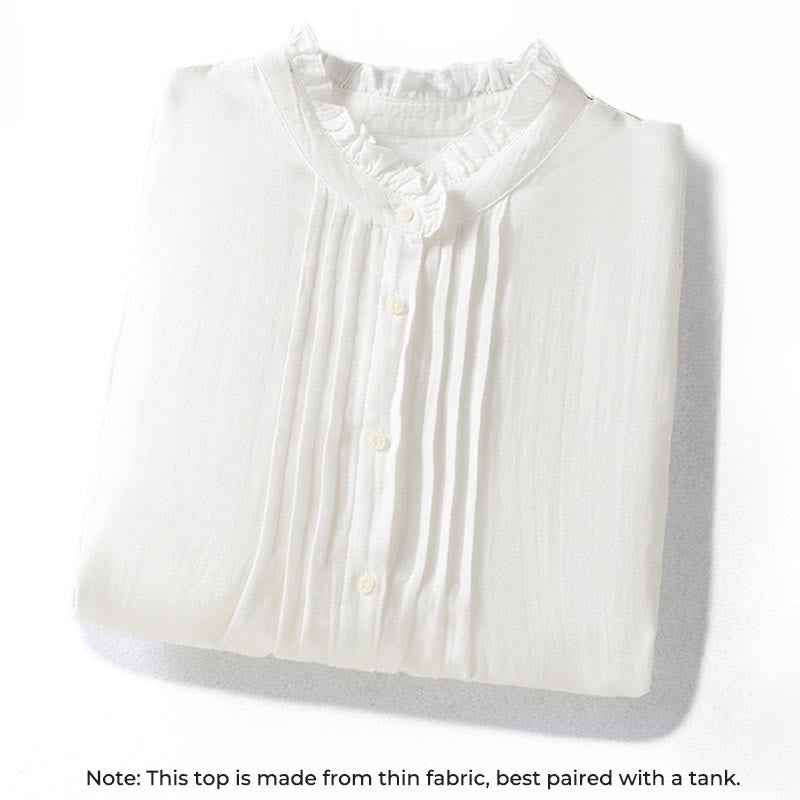 Camicia da donna in cotone a maniche lunghe con colletto arricciato bianco Buddha Stones - image 2