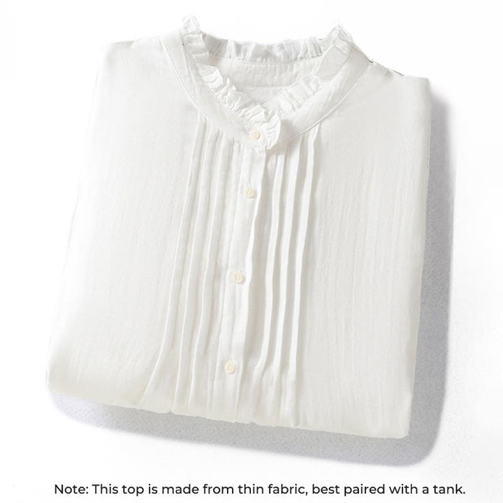 Camicia da donna in cotone a maniche lunghe con colletto arricciato bianco Buddha Stones - image 2