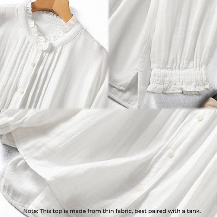 Camicia da donna in cotone a maniche lunghe con colletto arricciato bianco Buddha Stones - image 9