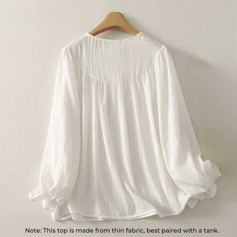 Camicia da donna in cotone a maniche lunghe con volant e bottoni bianchi Buddha Stones - image 1