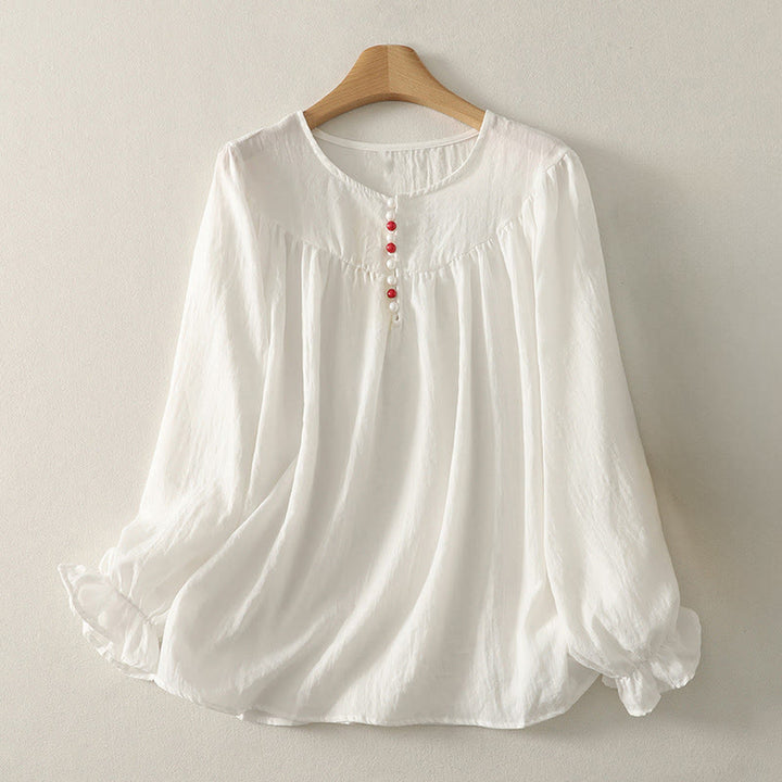 Camicia da donna in cotone a maniche lunghe con volant e bottoni bianchi Buddha Stones - Bianco - US8-10, UK/AU12-14, EU40-42 (2XL) - image 0