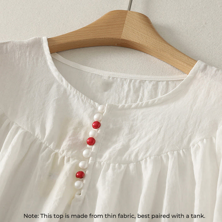 Camicia da donna in cotone a maniche lunghe con volant e bottoni bianchi Buddha Stones - image 2