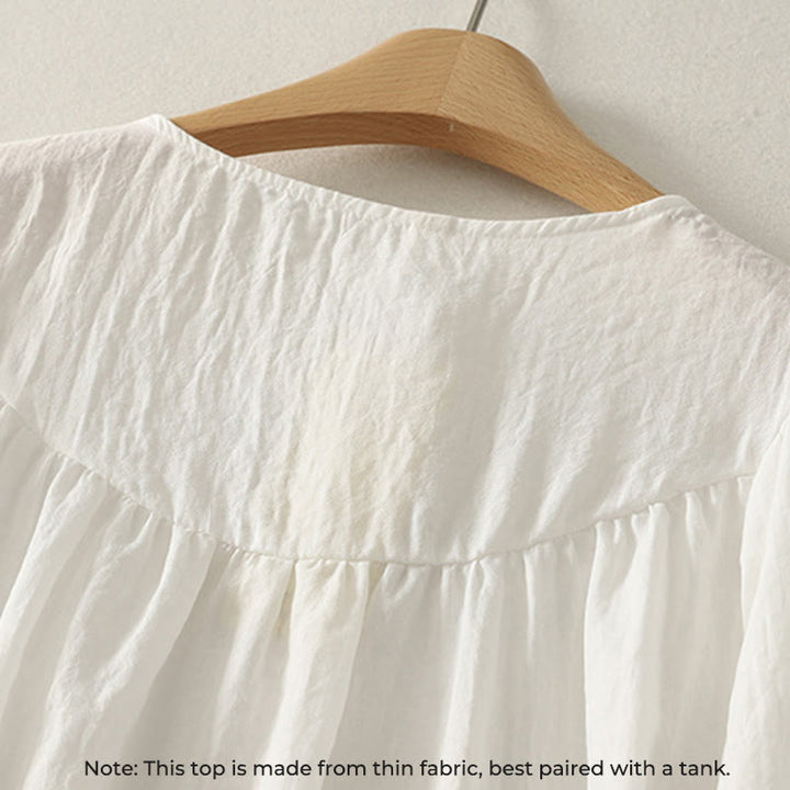 Camicia da donna in cotone a maniche lunghe con volant e bottoni bianchi Buddha Stones - image 3