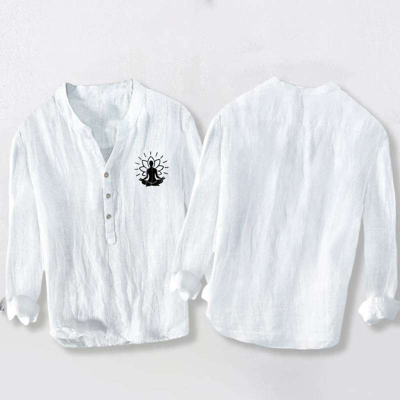 Camicia da uomo in cotone e lino a maniche lunghe con motivo Buddha Stones, Buddha in meditazione e loto, con bottoni a metà - image 8
