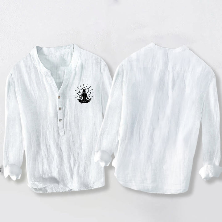 Camicia da uomo in cotone e lino a maniche lunghe con motivo Buddha Stones, Buddha in meditazione e loto, con bottoni a metà - image 8