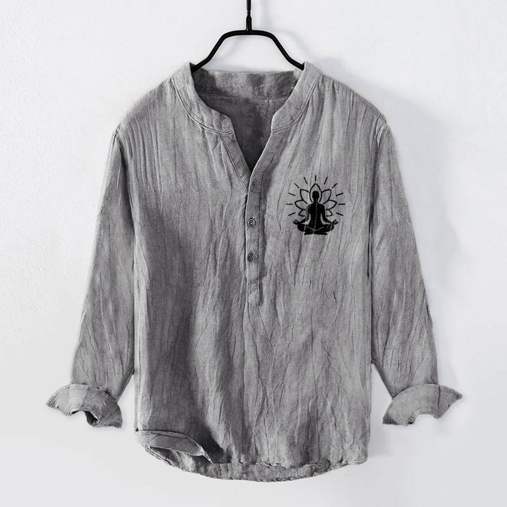 Camicia da uomo in cotone e lino a maniche lunghe con motivo Buddha Stones, Buddha in meditazione e loto, con bottoni a metà - Grigio - US/UK/AU50, EU60 (5XL) - image 0
