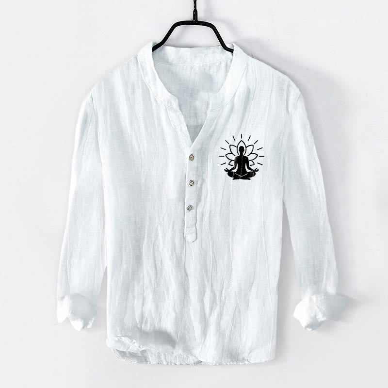 Camicia da uomo in cotone e lino a maniche lunghe con motivo Buddha Stones, Buddha in meditazione e loto, con bottoni a metà - Bianco - US/UK/AU50, EU60 (5XL) - image 6
