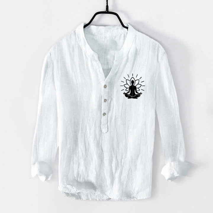 Camicia da uomo in cotone e lino a maniche lunghe con motivo Buddha Stones, Buddha in meditazione e loto, con bottoni a metà - Bianco - US/UK/AU50, EU60 (5XL) - image 6