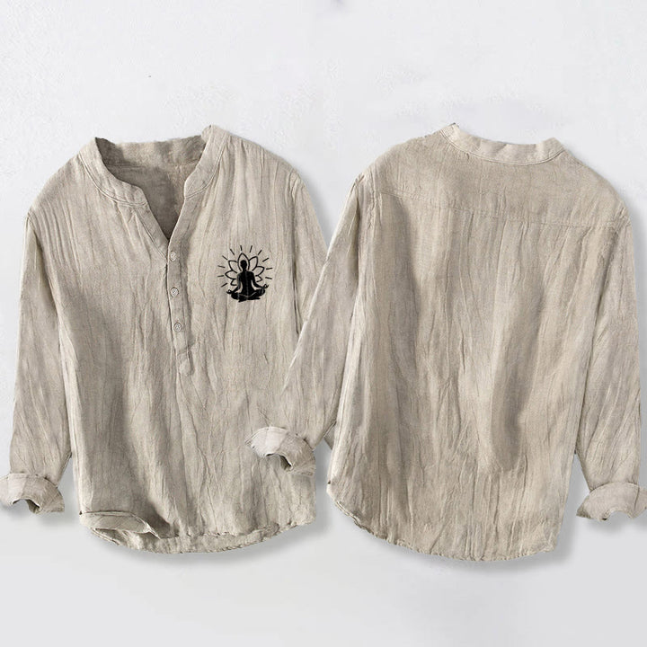 Camicia da uomo in cotone e lino a maniche lunghe con motivo Buddha Stones, Buddha in meditazione e loto, con bottoni a metà - image 5