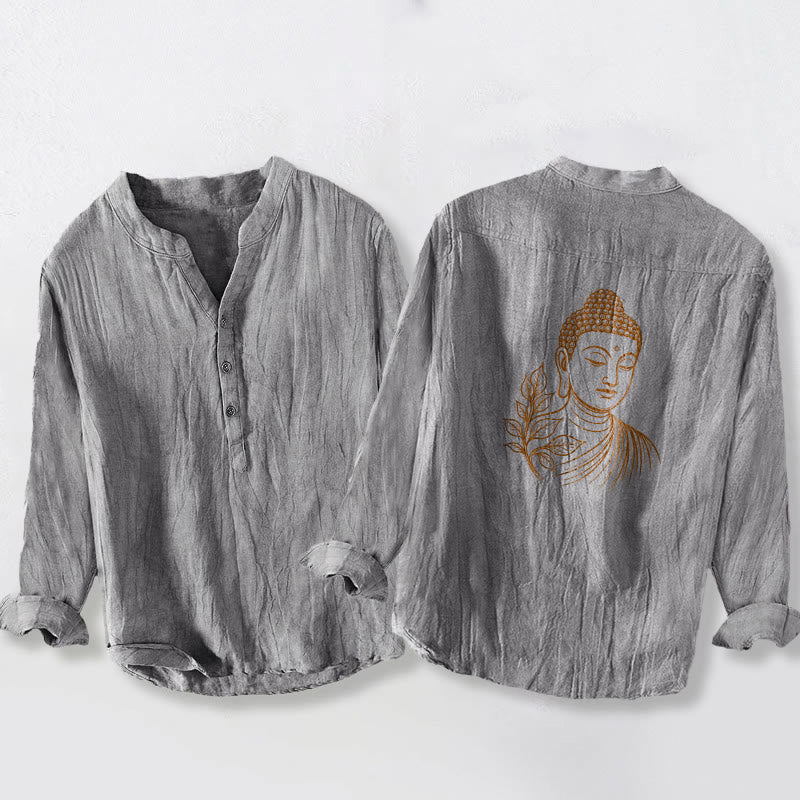 Camicia da uomo in cotone e lino a maniche lunghe con motivo a Buddha Stones bottoni mezzi - Grigio - US/UK/AU50, EU60 (5XL) - image 3