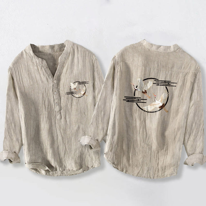 Camicia da uomo in cotone e lino a maniche lunghe con motivo a gru bianca Buddha Stones - Biancheria - US/UK/AU50, EU60 (5XL) - image 6