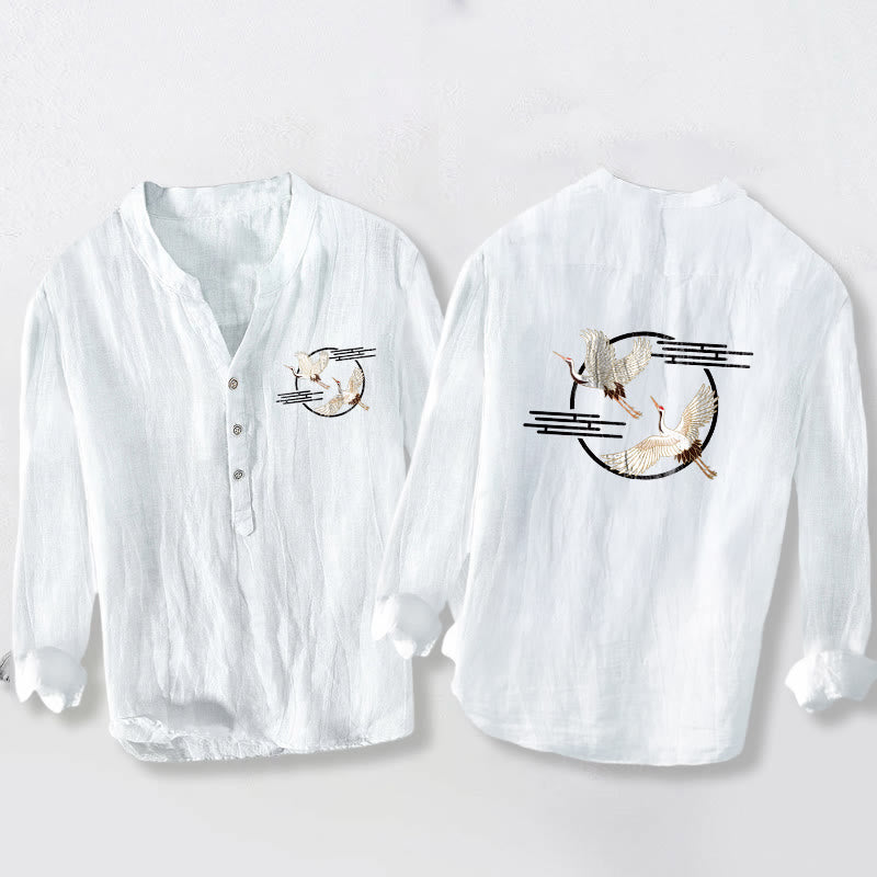 Camicia da uomo in cotone e lino a maniche lunghe con motivo a gru bianca Buddha Stones - Bianco - US/UK/AU50, EU60 (5XL) - image 3