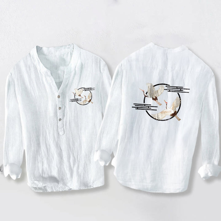 Camicia da uomo in cotone e lino a maniche lunghe con motivo a gru bianca Buddha Stones - Bianco - US/UK/AU50, EU60 (5XL) - image 3