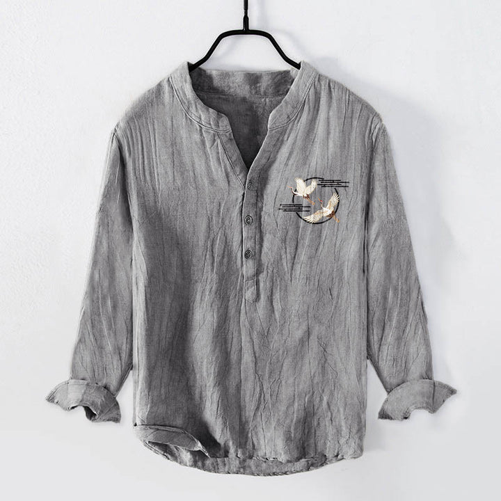 Camicia da uomo in cotone e lino a maniche lunghe con motivo a gru bianca Buddha Stones - image 1