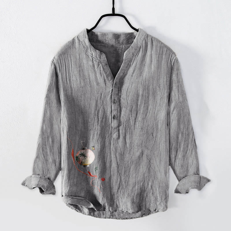 Camicia da uomo in cotone e lino a maniche lunghe con motivo a lanterna di bambù e farfalle Buddha Stones - Grigio - US/UK/AU50, EU60 (5XL) - image 6