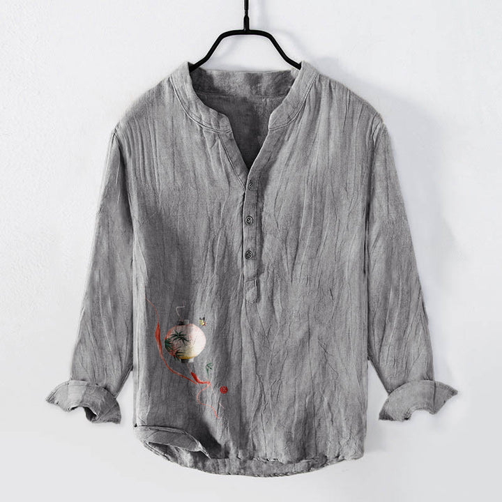 Camicia da uomo in cotone e lino a maniche lunghe con motivo a lanterna di bambù e farfalle Buddha Stones - Grigio - US/UK/AU50, EU60 (5XL) - image 6