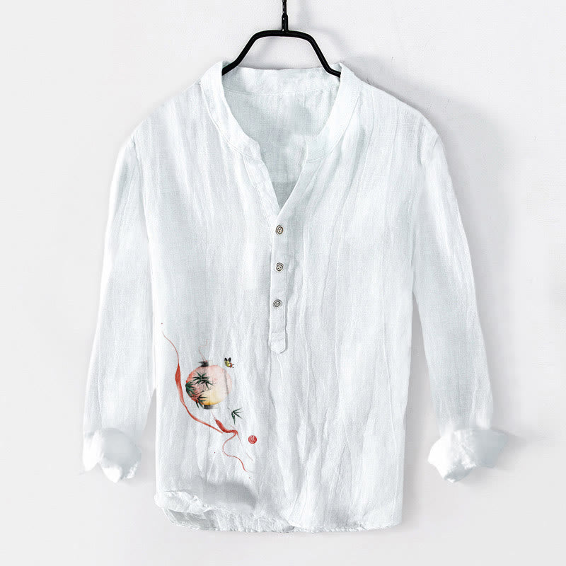 Camicia da uomo in cotone e lino a maniche lunghe con motivo a lanterna di bambù e farfalle Buddha Stones - Bianco - US/UK/AU50, EU60 (5XL) - image 3