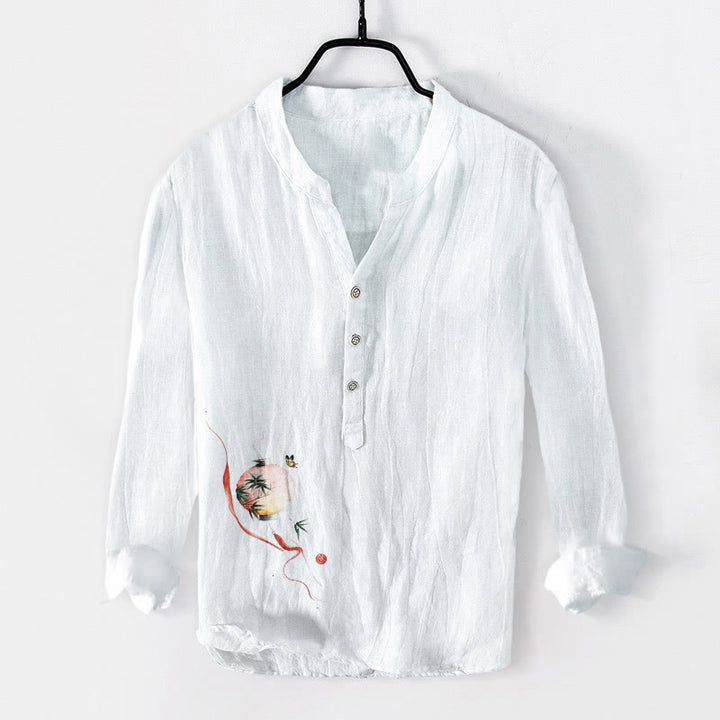 Camicia da uomo in cotone e lino a maniche lunghe con motivo a lanterna di bambù e farfalle Buddha Stones - Bianco - US/UK/AU50, EU60 (5XL) - image 3