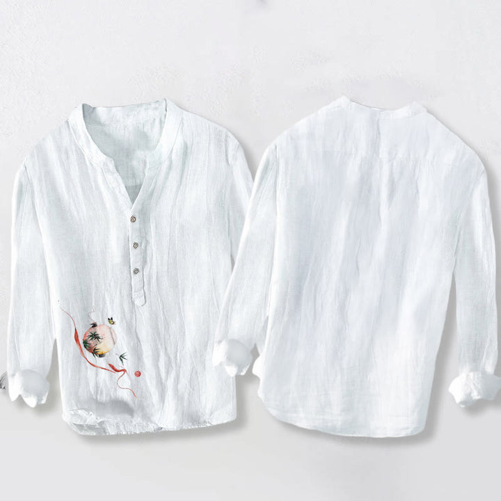 Camicia da uomo in cotone e lino a maniche lunghe con motivo a lanterna di bambù e farfalle Buddha Stones - image 5