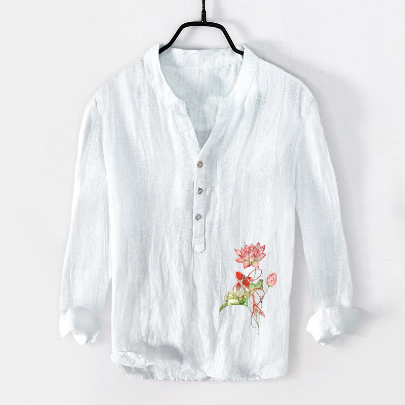 Camicia da uomo in cotone e lino a maniche lunghe con bottoni a metà, motivo Buddha Stones Swimming Koi Fish Lotus - Bianco - US/UK/AU50, EU60 (5XL) - image 0