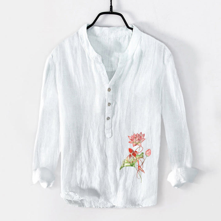 Camicia da uomo in cotone e lino a maniche lunghe con bottoni a metà, motivo Buddha Stones Swimming Koi Fish Lotus - Bianco - US/UK/AU50, EU60 (5XL) - image 0