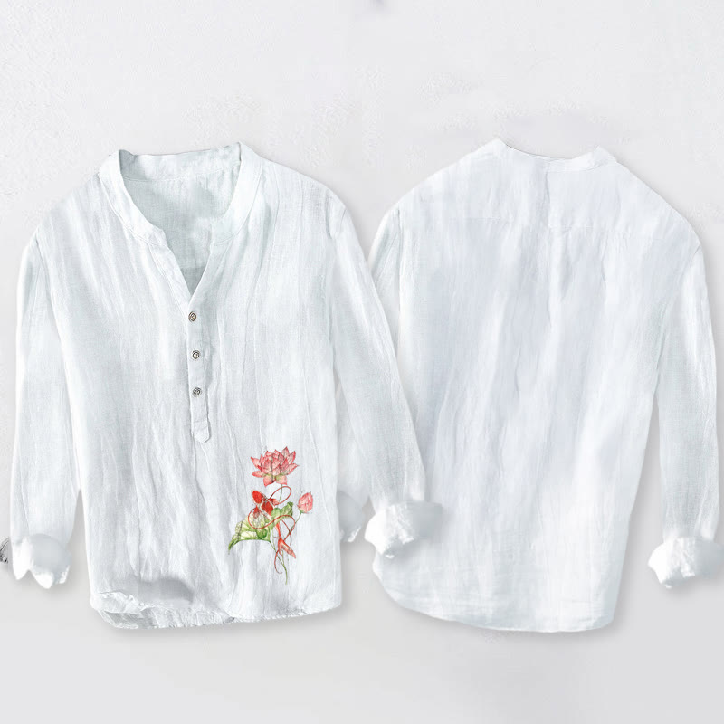 Camicia da uomo in cotone e lino a maniche lunghe con bottoni a metà, motivo Buddha Stones Swimming Koi Fish Lotus - image 2