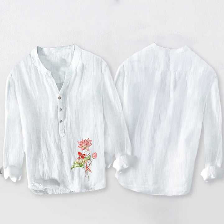 Camicia da uomo in cotone e lino a maniche lunghe con bottoni a metà, motivo Buddha Stones Swimming Koi Fish Lotus - image 2