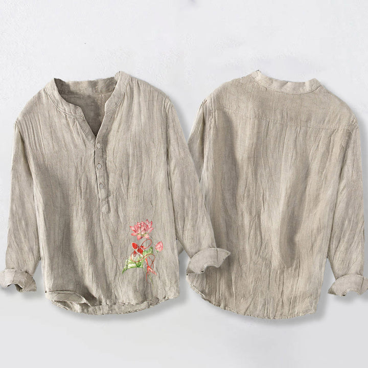 Camicia da uomo in cotone e lino a maniche lunghe con bottoni a metà, motivo Buddha Stones Swimming Koi Fish Lotus - image 5