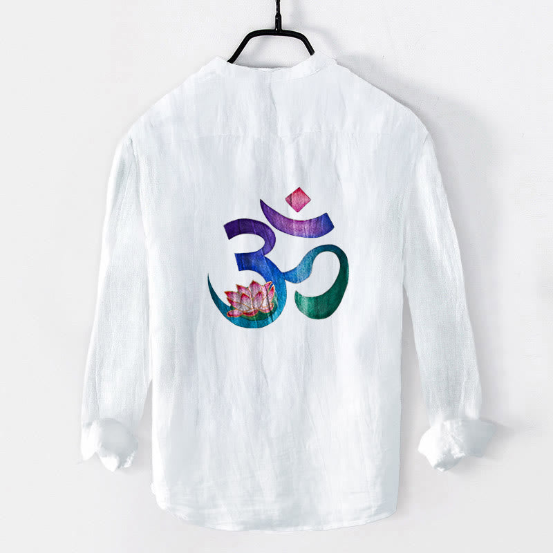 Camicia da uomo in cotone e lino a maniche lunghe con motivo a bottoni mezzi, motivo Buddha Stones Lotus OM Symbol - image 7