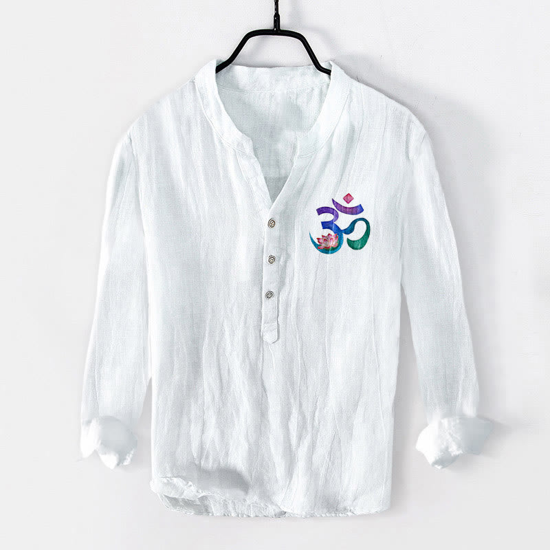 Camicia da uomo in cotone e lino a maniche lunghe con motivo a bottoni mezzi, motivo Buddha Stones Lotus OM Symbol - image 8