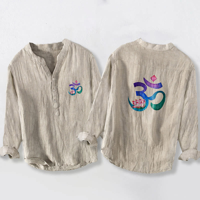 Camicia da uomo in cotone e lino a maniche lunghe con motivo a bottoni mezzi, motivo Buddha Stones Lotus OM Symbol - Biancheria - US/UK/AU50, EU60 (5XL) - image 3