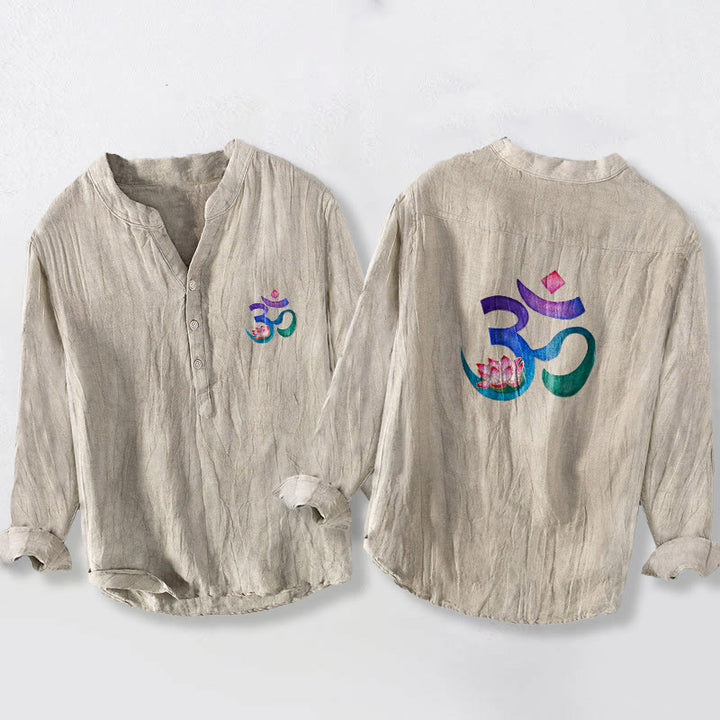 Camicia da uomo in cotone e lino a maniche lunghe con motivo a bottoni mezzi, motivo Buddha Stones Lotus OM Symbol - Biancheria - US/UK/AU50, EU60 (5XL) - image 3