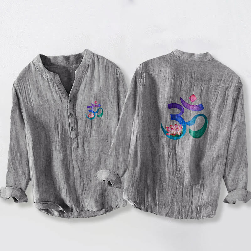 Camicia da uomo in cotone e lino a maniche lunghe con motivo a bottoni mezzi, motivo Buddha Stones Lotus OM Symbol - Grigio - US/UK/AU50, EU60 (5XL) - image 0