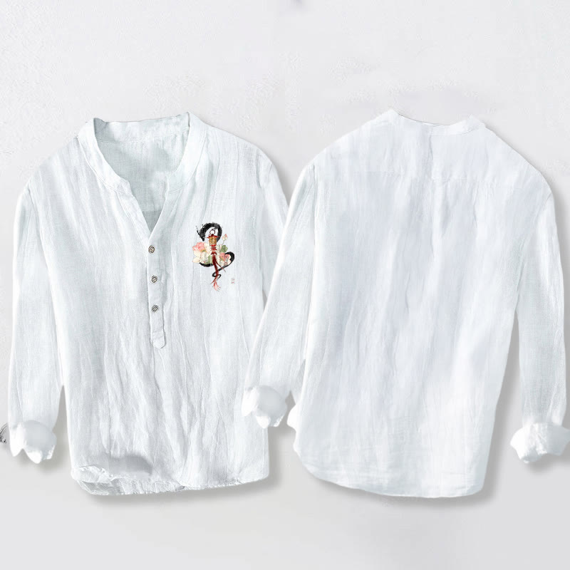 Camicia da uomo in cotone e lino a maniche lunghe con motivo a lanterna, drago, Buddha Stones - image 5