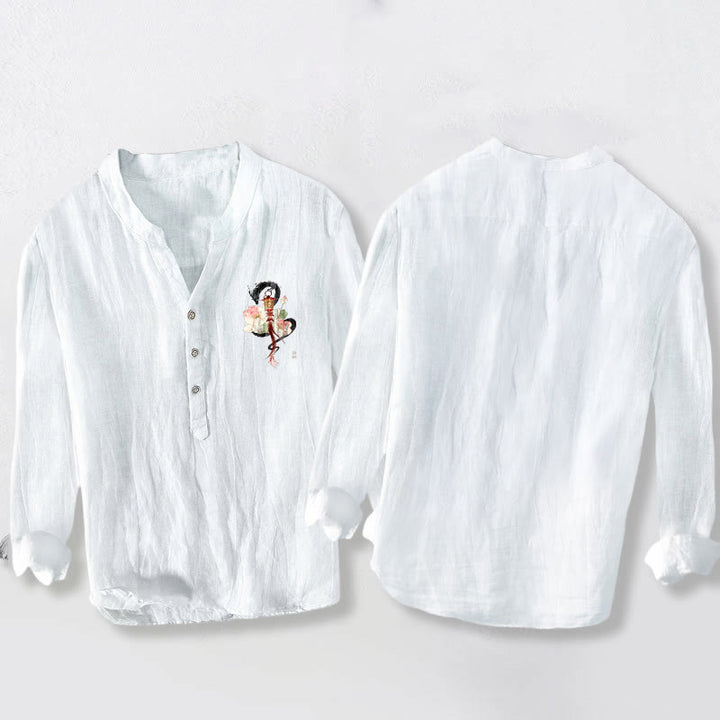 Camicia da uomo in cotone e lino a maniche lunghe con motivo a lanterna, drago, Buddha Stones - image 5