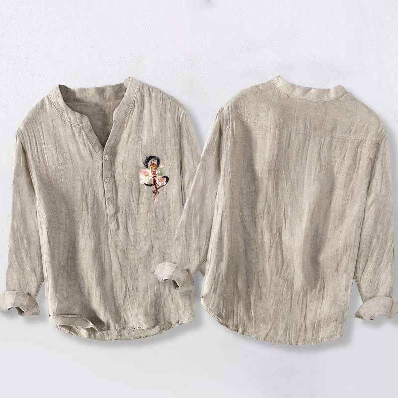 Camicia da uomo in cotone e lino a maniche lunghe con motivo a lanterna, drago, Buddha Stones - image 2