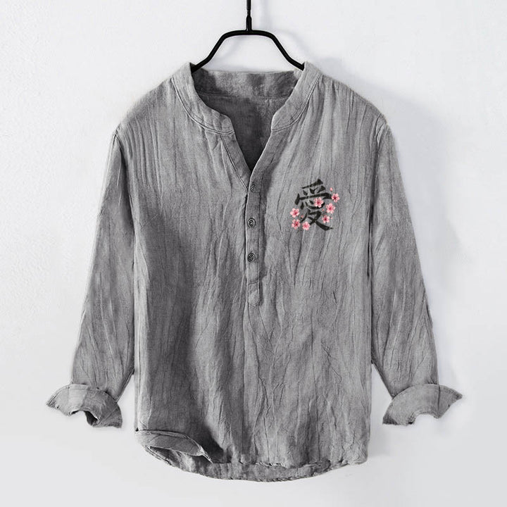 Camicia da uomo in cotone e lino a maniche lunghe con motivo Buddha Stones, motivo Love Character, bottoni a metà - Grigio - US/UK/AU50, EU60 (5XL) - image 3