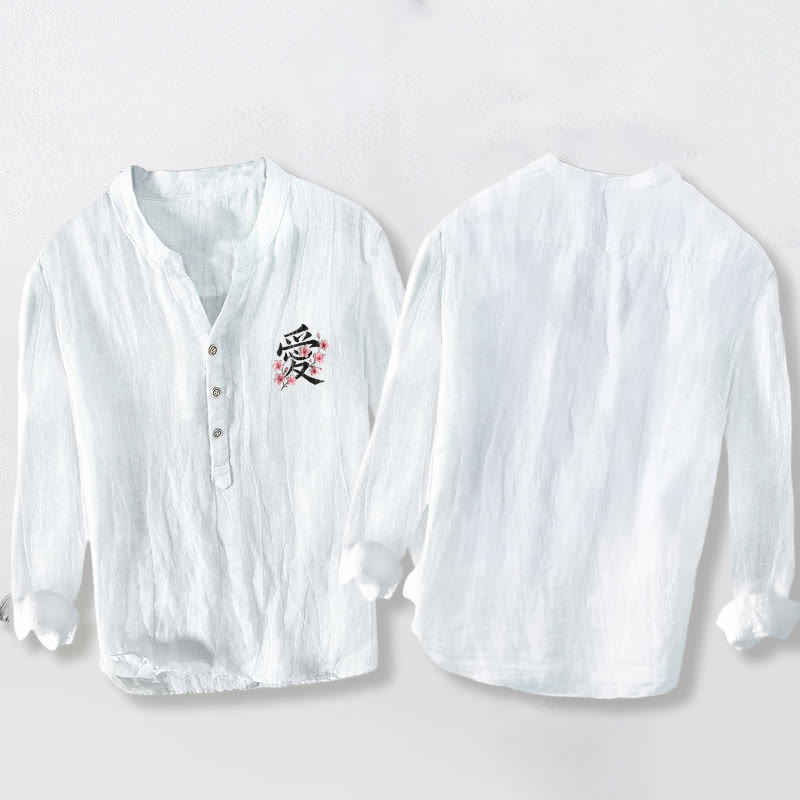 Camicia da uomo in cotone e lino a maniche lunghe con motivo Buddha Stones, motivo Love Character, bottoni a metà - image 8