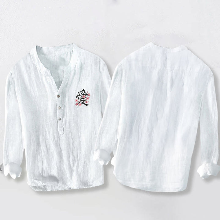 Camicia da uomo in cotone e lino a maniche lunghe con motivo Buddha Stones, motivo Love Character, bottoni a metà - image 8