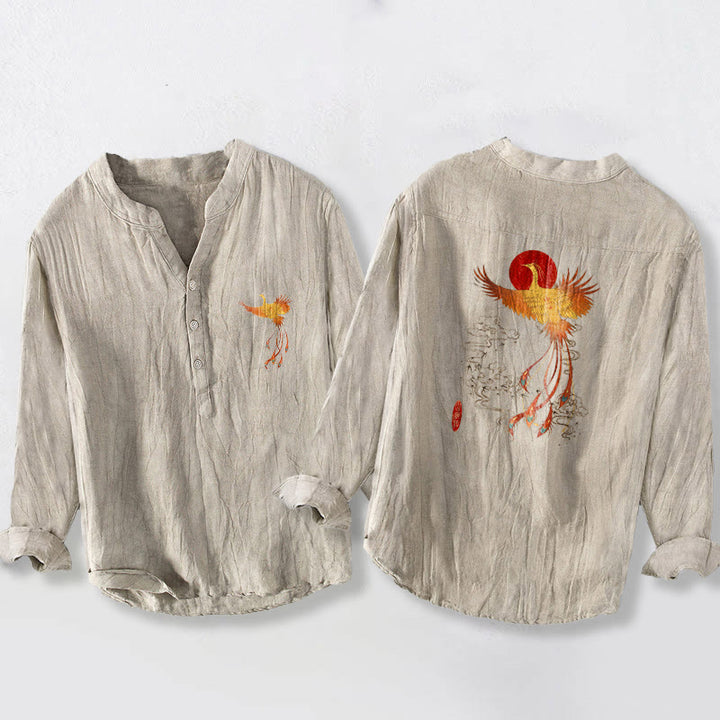 Camicia da uomo in cotone e lino a maniche lunghe con motivo Buddha Stones Phoenix Clouds Red Sun e bottoni mezzi - image 2