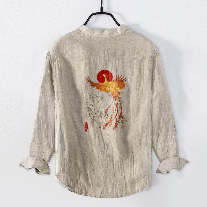 Camicia da uomo in cotone e lino a maniche lunghe con motivo Buddha Stones Phoenix Clouds Red Sun e bottoni mezzi - image 1